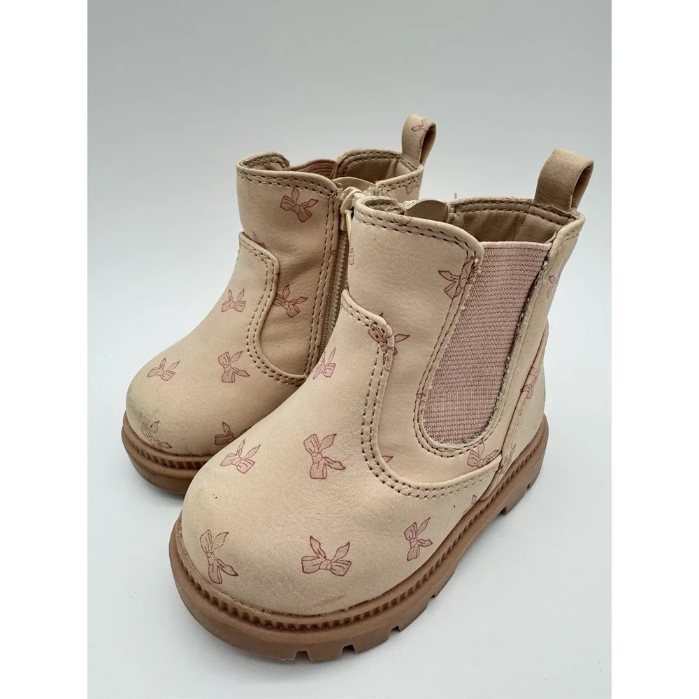 Toddler Girls Chelsea Boots Size 3 Pink Bow Print‎ Side Zip Casual